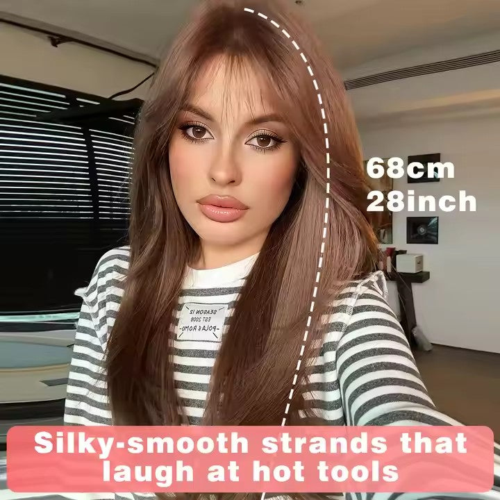 Single Top U Lace Long Straight Layered Wigs Women's 26 Inch Friendly Heat Resistant Synthetic Light Brown Wigs Natural Hairline
