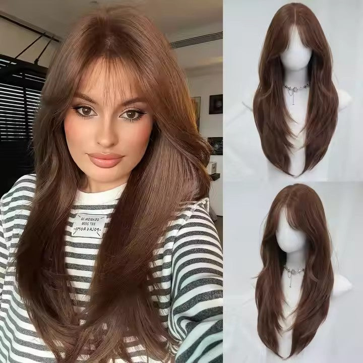 Single Top U Lace Long Straight Layered Wigs Women's 26 Inch Friendly Heat Resistant Synthetic Light Brown Wigs Natural Hairline